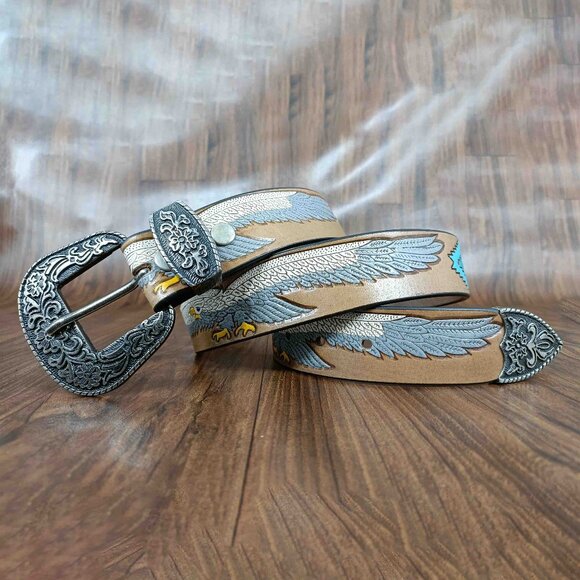 Eagle Hand-Tooled Belt, Premium Western Leather Belt – Embossed Belt for Unisex - Picture 3 of 12